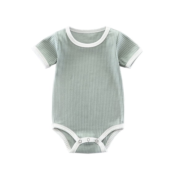 Boys Girls Baby Jumpsuit Unisex Short Sleeve Crewneck Ribbed Knit Bodysuit With Contrast Trim Snap Closure For Infant Daily Layering Wear$