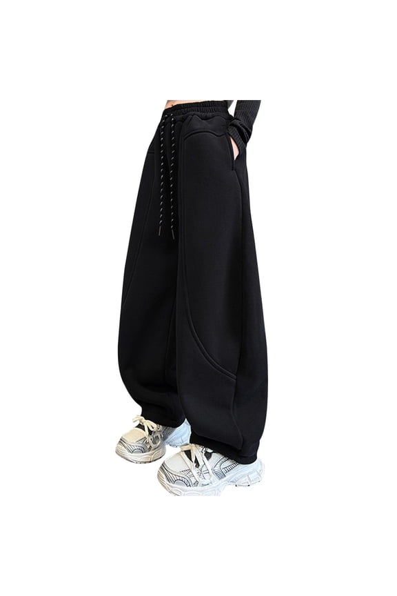 Boys Girls Baggy Sweatpants Drawstring Waist Barrel Wide Leg Fleece Lined Trousers Athletic Loose Fitting Fall Winter Warm Pants High Waisted Cozy Pants Black 4Y