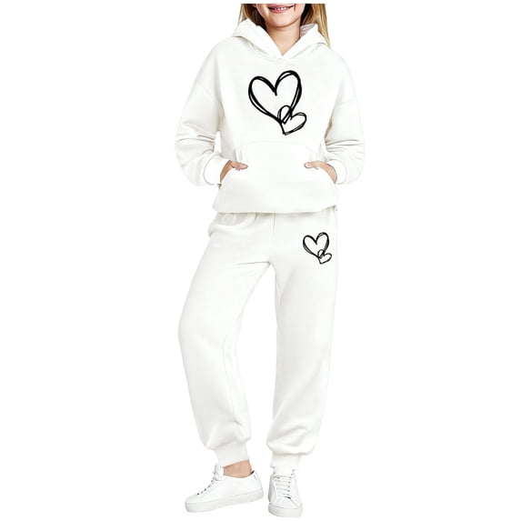 Boys Girls Baggy Sweatsuits 2 Piece Outfits Heart Print Clothing Set Pullover Hoodies and Trackpants New Cute Loungewear Sets for Girls White 8-9 Years