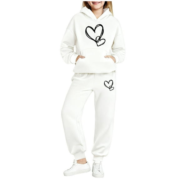 Boys Girls Baggy Sweatsuits 2 Piece Outfits Heart Print Clothing Set Pullover Hoodies and Trackpants New Matching Sets Girls Clothing Vacation White 12-13 Years