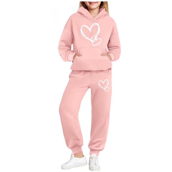Boys Girls Baggy Sweatsuits 2 Piece Outfits Heart Print Clothing Set Pullover Hoodies and Trackpants New Kids Clothing Sets Pinky 4-5 Years