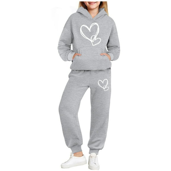 Boys Girls Baggy Sweatsuits 2 Piece Outfits Heart Print Clothing Set Pullover Hoodies and Trackpants New Kids Sleepwear Pajamas Gray 3-4 Years