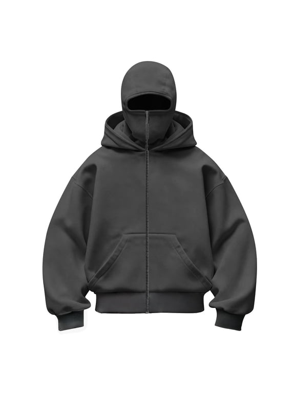 Boys Girls Balaclava Hooded Sweatshirt Full Zip Double Layer Hoodies Jacket Lightweight Warm Oversized Coat Trendy Outerwear