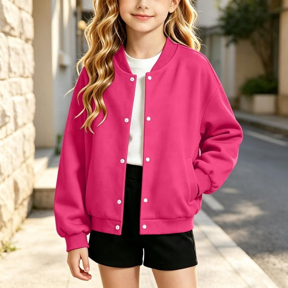 Boys Girls Baseball Bomber Jackets Snap Up Solid Color Long Sleeve Tops Kids Fall Winter Trendy Casual Sports Outerwear with Pockets Hot Pink 10-11 Years