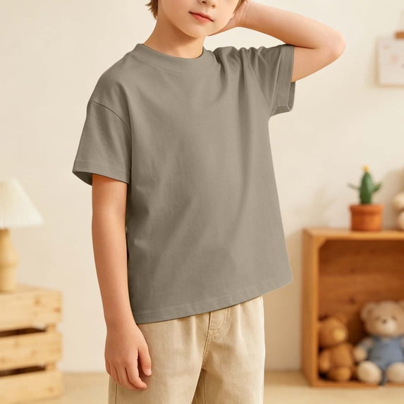 Boys Girls Blank Solid Crew Neck T-Shirt, Fall Summer Plain Short Sleeve Casual Top for Kids