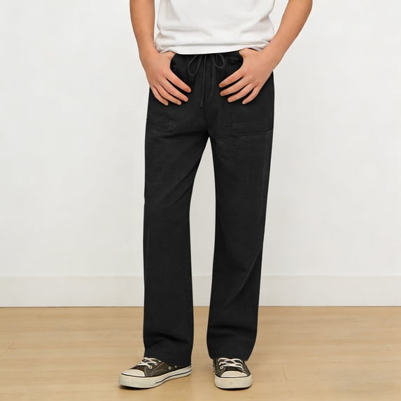 Boys Girls Breathable Linen Pants Summer Trendy 2026 Kids Straight Leg Casual Trousers With Elastic Waist Drawstring Cotton Linen Long Slacks For Back To School Graduation Gifts 6-17Y Black,130=8-9Y