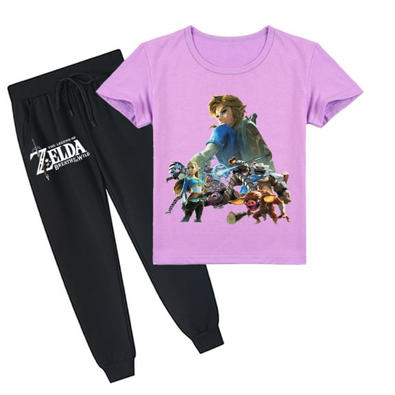 Boys & Girls' Breathable Summer Outfit: The Legend of Zelda Print on Cotton Short Sleeve T-shirt Set