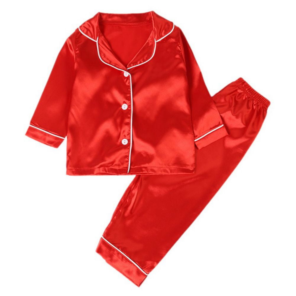 Boys Girls Button Down Pajamas Toddler Kids Solid Long Sleeve Top Long