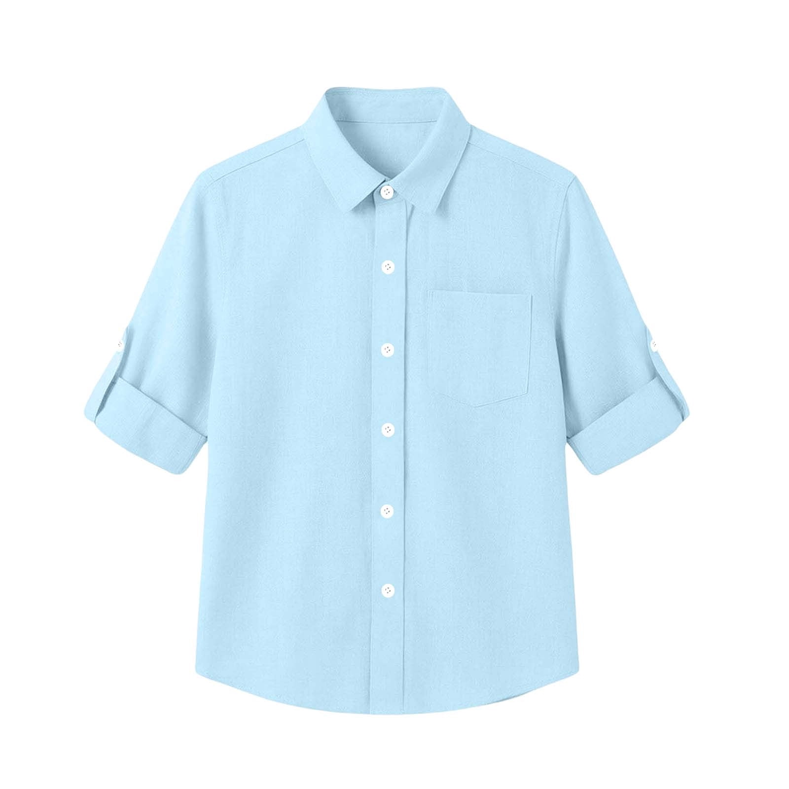 Boys Girls Button Down Shirt Kids Solid Roll-Up Sleeve Collared Top ...