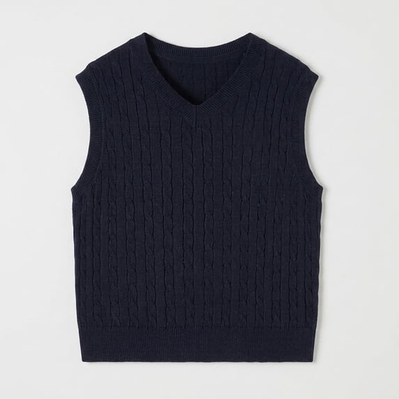 Boys & Girls Cable Knit Sweater Vest V Neck Sleeveless Pullover Ribbed Vests (Navy)