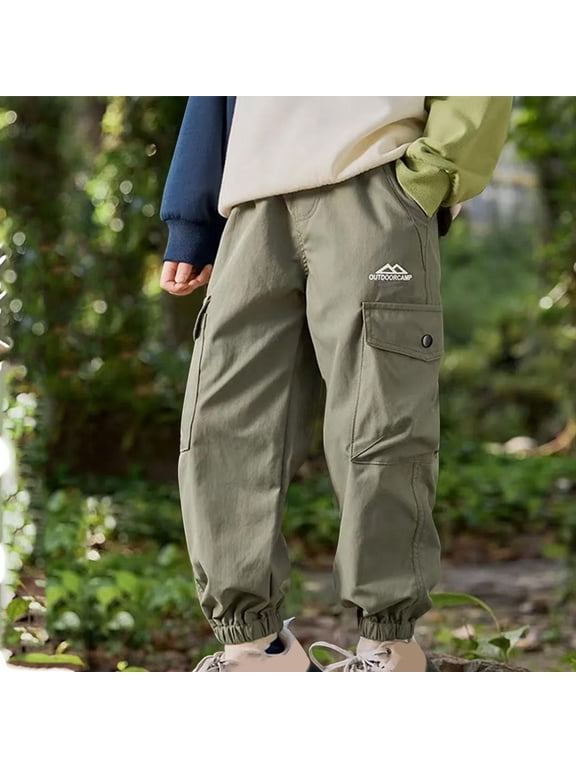 Boys Girls Camo Pants Kids Pull On Drawstring Youth Camouflage Cargo Joggers Army Green 5-6 Years