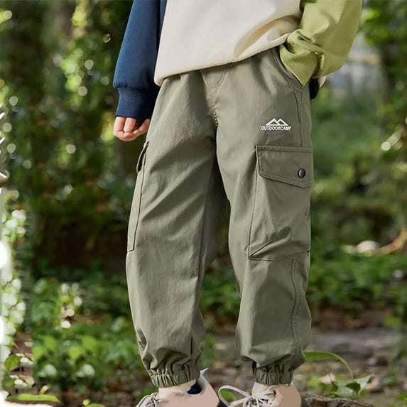 Boys Girls Camo Pants Kids Pull On Drawstring Youth Camouflage Cargo Joggers Army Green 9-10 Years