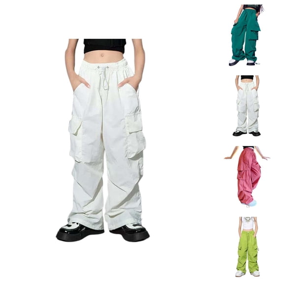 Boys Girls Cargo Pants 2026 Fashion Drawstring Elastic Waist Baggy High Waisted Parachute Pants with Pockets Kids Sweatpants