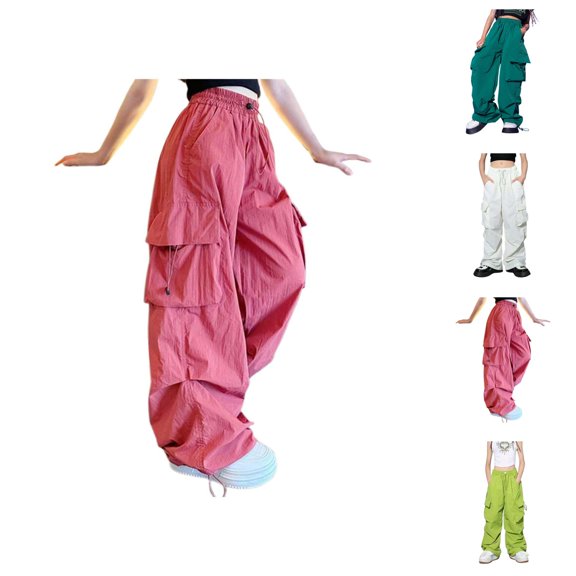 Boys Girls Cargo Pants 2026 Fashion Drawstring Elastic Waist Baggy High Waisted Parachute Pants with Pockets Kids Sweatpants