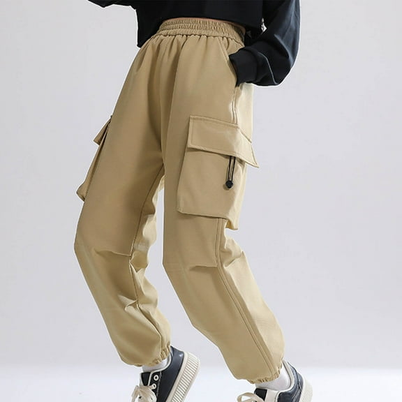Boys Girls Cargo Pants Stretch Elastic Waist School Kids Twill Joggers Sweatpants Work Pants Khaki 8-9 Years