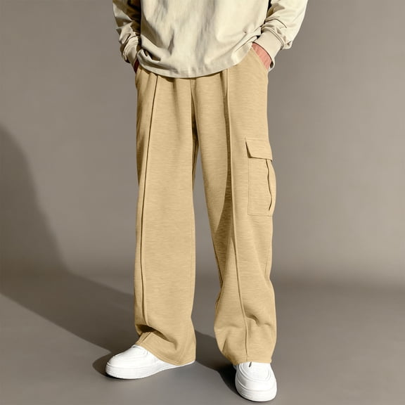 Boys Girls Casual Cargo Sweatpants Kids Wide Leg Baggy Pants Elastic Waist Athletic Trouser with Pockets Khaki 6-7 Years