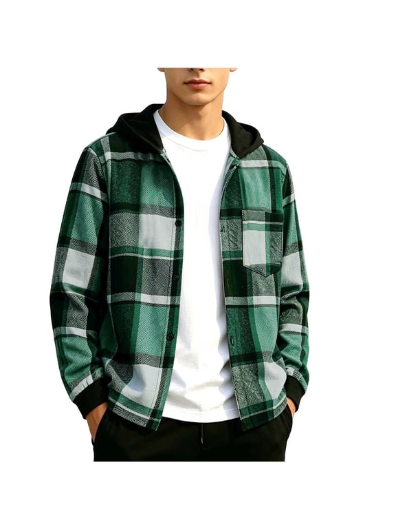 Boys Girls Casual Flannel Plaid Hoodies Spring Fall Fashion Button Down Shirts Long Sleeve Cute Lightweight Jacket Coats with Pocket for Kids Years 5-15 Green