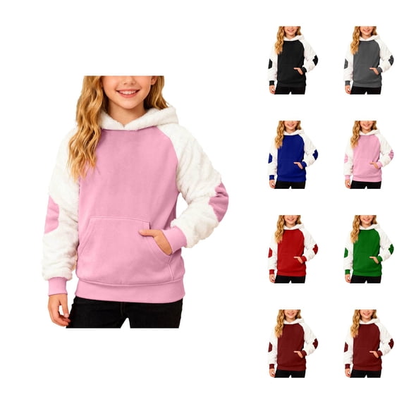 Boys Girls Christmas Hoodie Fall Winter Long Sleeve Color Block Fuzzy Hooded Sweatshirt Pullover Tops with Pockets 2-15 Years