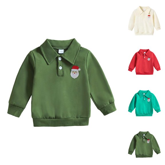 Boys Girls Christmas Shirt Long Sleeve Lapel Collar Polo Shirt Santa Claus Embroidery Holiday Shirts 1-5 Years
