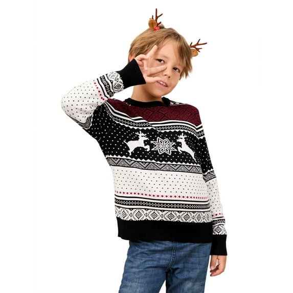 Boys Girls Christmas Sweaters Holiday Unisex Sweater Crewneck Xmas Party Knit Reindeer Snowflakes Pullover