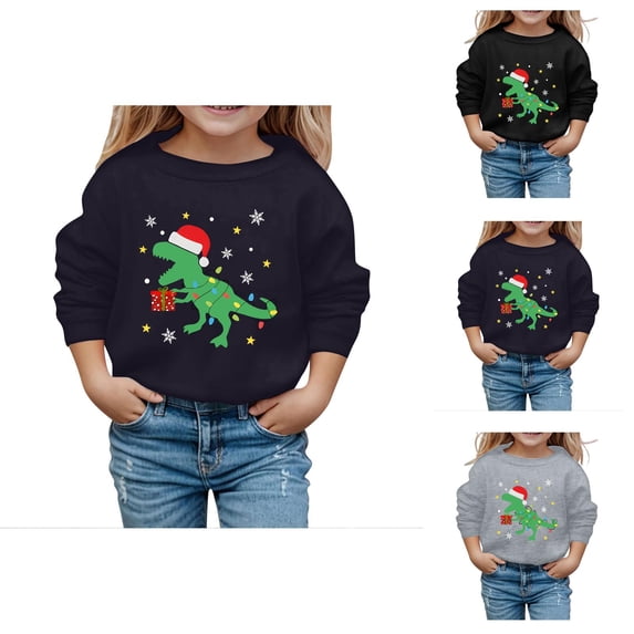Boys Girls Christmas Sweatshirt Long Sleeve Casual Crewneck Funny Dinosaur Graphic Sweatshirts Kids Pullover Tops 3-14 Years