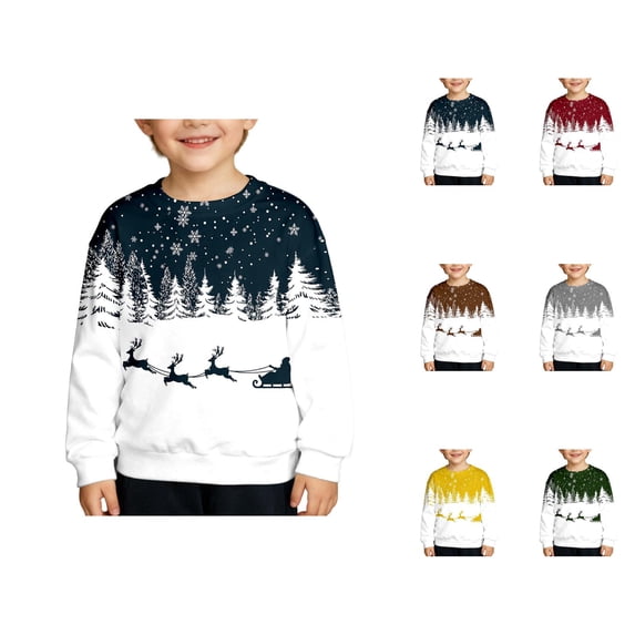 Boys Girls Christmas Sweatshirt Long Sleeve Crewneck Casual Santa Claus and Reindeer Print Pullover Sweatshirts 1-12 Years