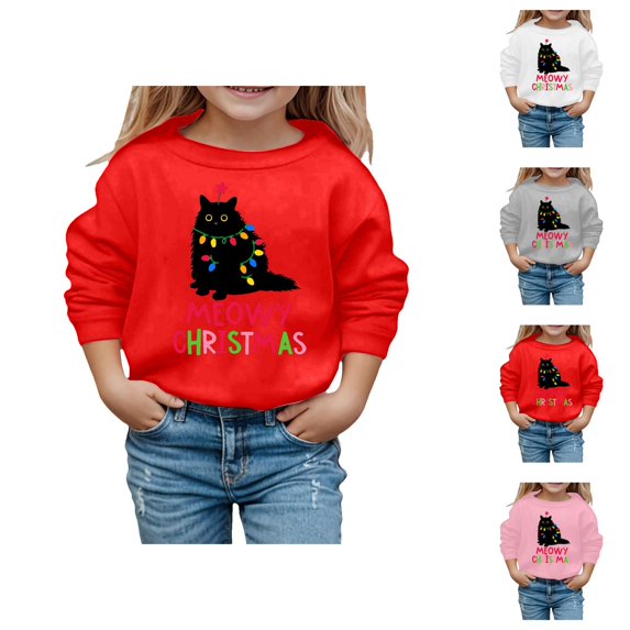 Boys Girls Christmas Sweatshirt Long Sleeve Crewneck Cute Funny Black Cat Graphic Sweatshirts Kids Pullover Tops 3-10 Years