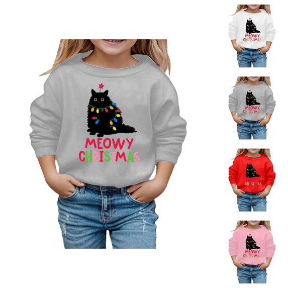Boys Girls Christmas Sweatshirt Long Sleeve Crewneck Cute Funny Black Cat Graphic Sweatshirts Kids Pullover Tops 3-10 Years