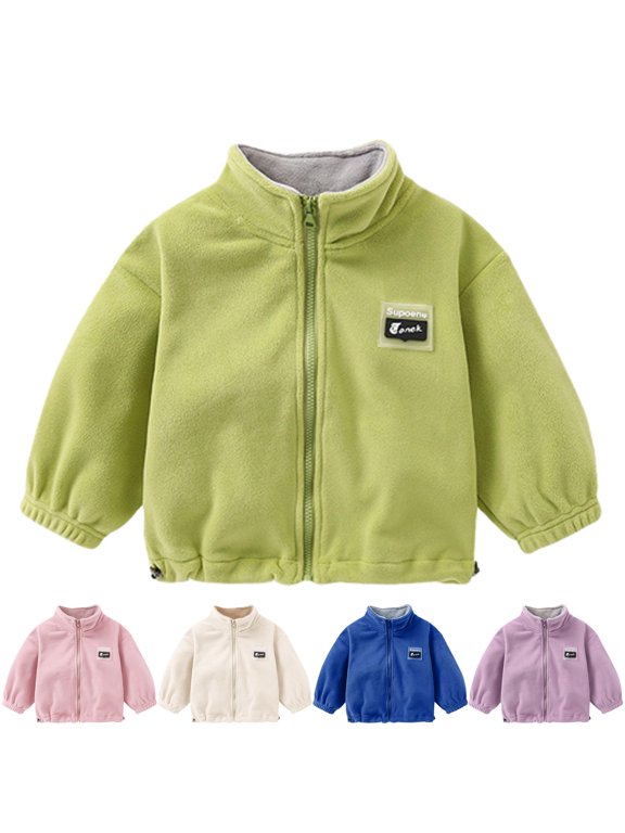 Boys Girls Classic Stand Collar Fleece Zip Up Jacket With Woven Badge Patch For Warm Winter Casual School Outerwear Coat 8-9 Years Windbreakers for Kids