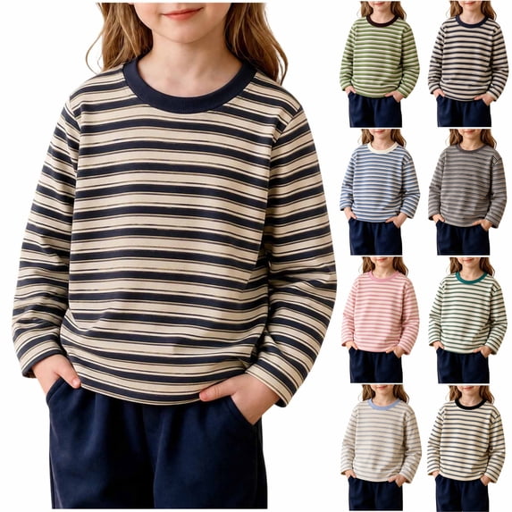 Boys Girls Classic Striped Crew Neck Tops Soft Stretchy Casual Fall Winter Clothes for Toddler & Children 2-12 Years