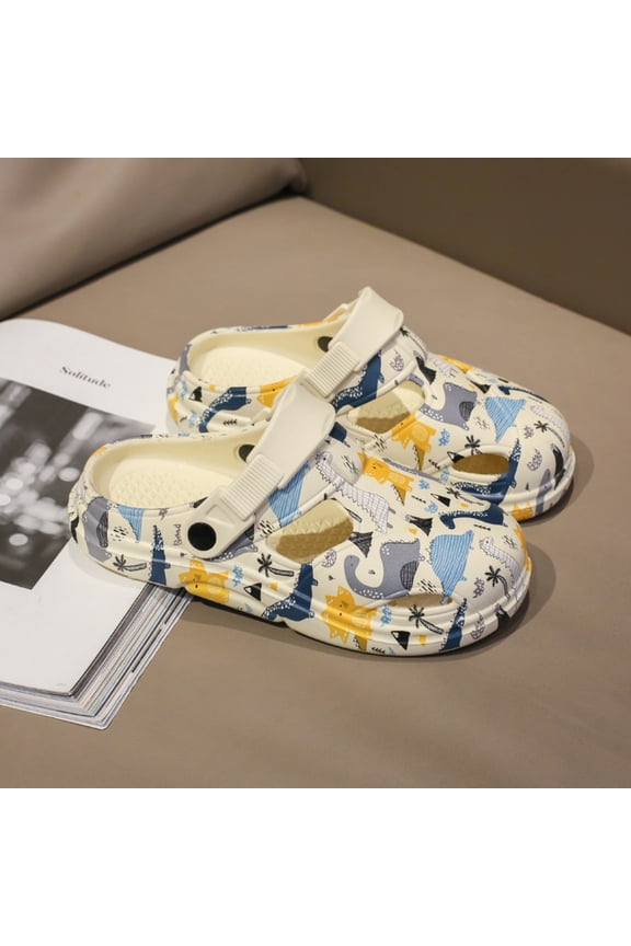 Boys & Girls Clogs Cute Dino Print Slides Sandals Funny Garden Shoes (Beige 3-4 Years)