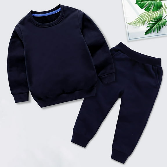Boys Girls Clothes Winter Solid Long Sleeve Pullover Sweatshirt Pants 2Pcs Sweatsuit (Navy 5-6 Years)