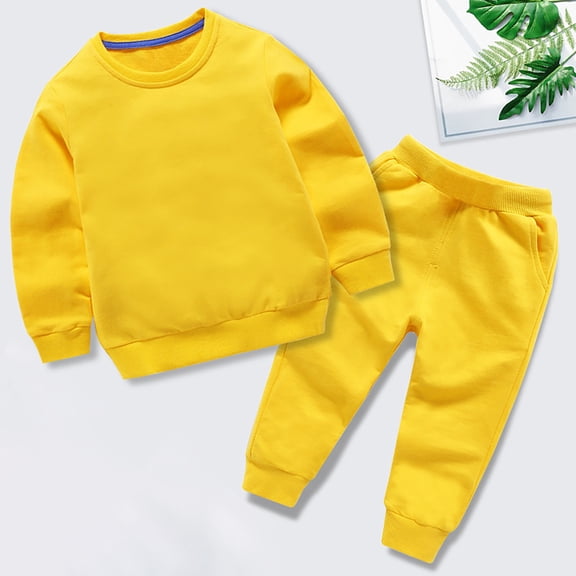 Boys Girls Clothes Winter Solid Long Sleeve Pullover Sweatshirt Pants 2Pcs Sweatsuit (Yellow 12-24 Months)