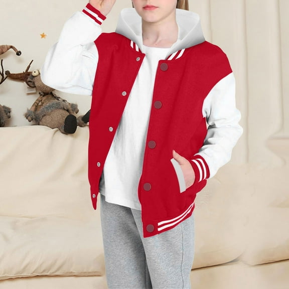 Boys Girls Color Block Baseball Hooded Jacket Long Sleeve Spring Autumn Outerwear Top Coat for Children Youth