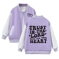 thumbnail image 1 of Boys Girls Color Block Varsity Jackets - Stylish Floral Print Letter Design Girls Cardigan Coat Warm Autumn Winter Baseball Jacket Outerwear for Children,Color:Purple,Size:11-12 Years, 1 of 5