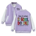 thumbnail image 1 of Boys Girls Color Block Varsity Jackets - Stylish Floral Print Letter Design Girls Cardigan Coat Warm Autumn Winter Baseball Jacket Outerwear for Children,Color:Light Purple,Size:4-5 Years, 1 of 5