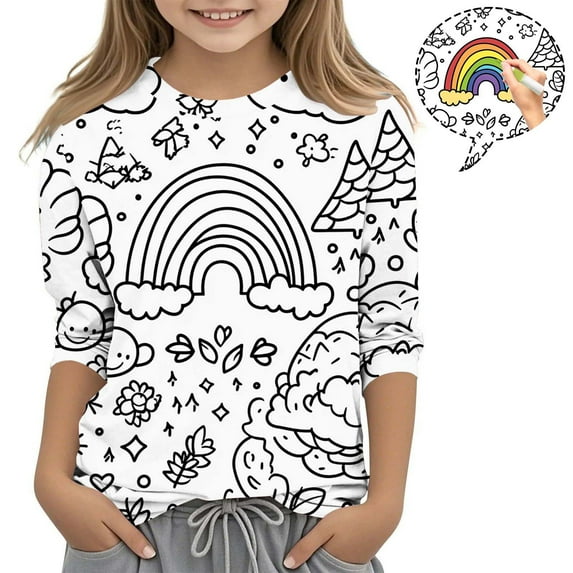 Boys Girls Coloring T Shirt Valentines Day Gifts for Kids Color-In and Wash Out 3/4 Sleeve Hoodies DIY Creative Shirt, White, 7 Years
