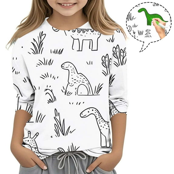 Boys Girls Coloring T Shirt Valentines Day Gifts for Kids Color-In and Wash Out 3/4 Sleeve Hoodies DIY Creative Shirt, White, 7 Years