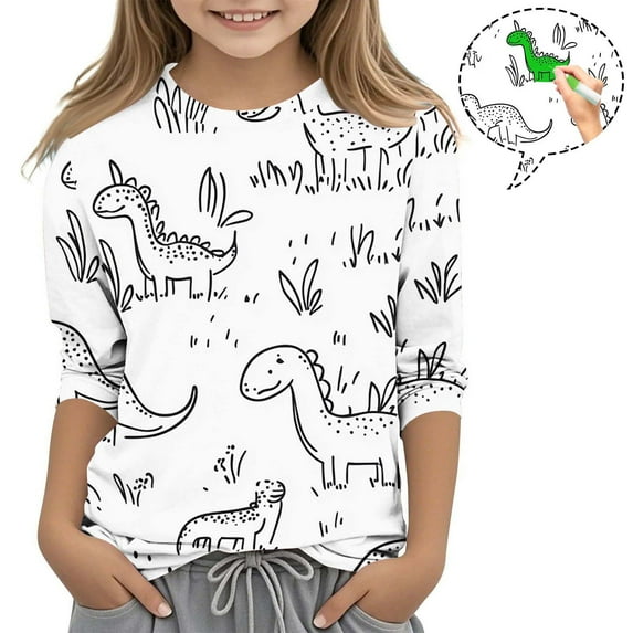 Boys Girls Coloring Tops Funny Valentines Day Gift for Kids 3/4 Sleeve T Shirt Color-In DIY Cute Pullover Tunic Top, White, 9 Years