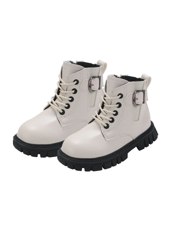 Boys Girls Combat Ankle Boots, Lace Up Metal Buckle Decor PU Booties, Side Zipper Slip Resistant Lug Sole Boots for Toddler/Little Kid/Big Kid White 30