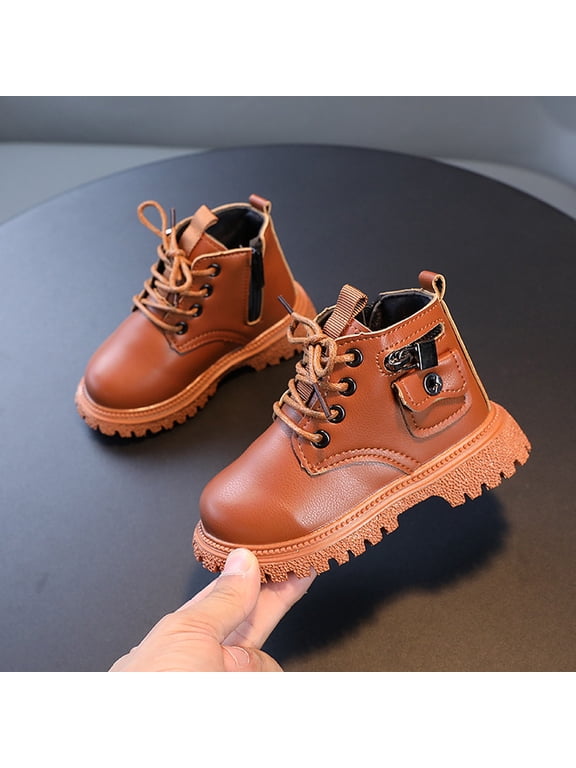 Boys Girls Combat Ankle Boots Lace Up Side Zipper Booties with Small Lock Decoration Kids Winter Comfy Non-Slip Boots Brown 6.5 Toddler