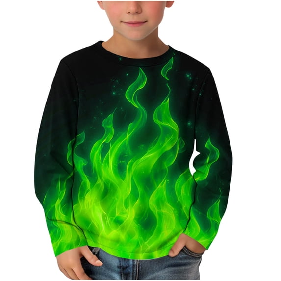 Boys Girls Cool Fire Graphic Long Sleeve Shirt Pullover Crewneck Tee Soft Polyester Comfortable Casual Top Trendy Childrens Wear