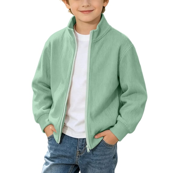 Boys Girls Corduroy Jackets Solid Color Zipper Long Sleeve Stand Collar Outerwear Kids Fall Winter Trendy Casual Outfits Mint Green 12-13 Years