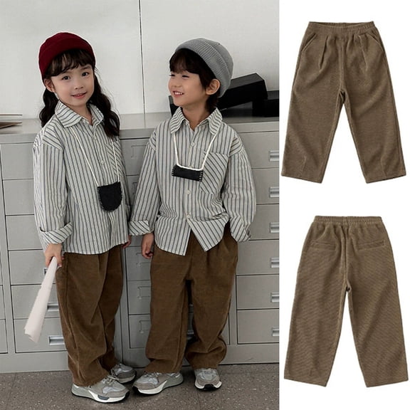 Boys Girls Corduroy Pants | Soft Comfortable Kids Trousers with Elastic Waist | Casual Loose Fit Pants for Daily Play, School, Outings(Brown,9-10 Years)