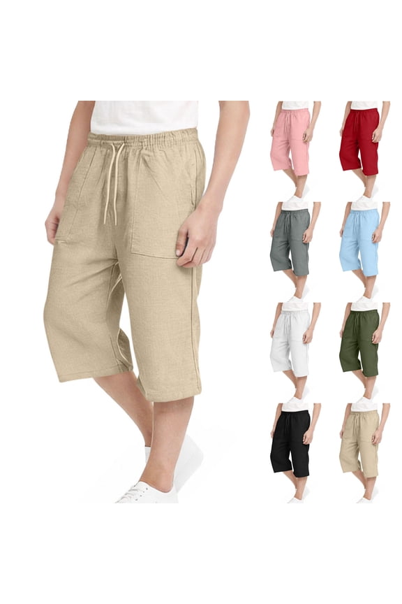 Boys Girls Cotton Linen Capri Pants Elastic Waist Wide Legs Capris with Pockets Loose Workout Copped Pants