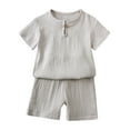 thumbnail image 1 of Boys Girls Cotton Linen Two-Piece Set Outfits Short Sleeve Round Neck T-shirt and Shorts Summer Clothing for 1-8 Years, 1 of 7