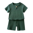 thumbnail image 1 of Boys Girls Cotton Linen Two-Piece Set Outfits Short Sleeve Round Neck T-shirt and Shorts Summer Clothing for 1-8 Years, 1 of 7