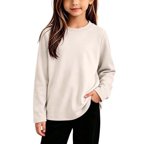 Boys Girls Cotton Long Sleeve T Shirt Kids Plain Basic Girls Tops Beige 1-2 Years