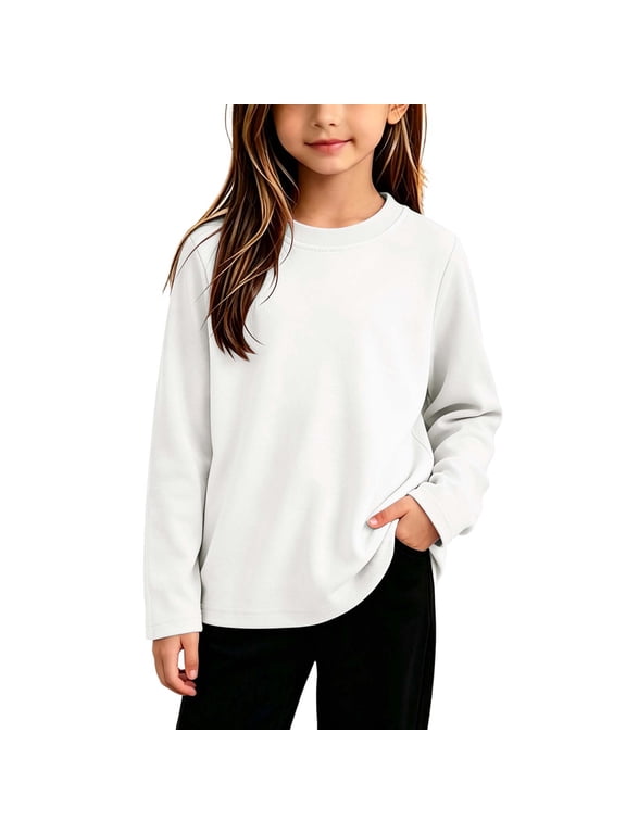Boys Girls Cotton Long Sleeve T Shirt Kids Plain Basic Girls Tops White 10-11 Years