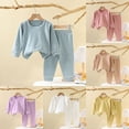 thumbnail image 1 of Boys Girls Cotton Ribbed 𝐒leep_wear Set Thin Solid Breathable Long Sleeve Crewneck Tops+ Elastic Waist Wide Leg Pants 𝗟oungewear 2 PCS - Blue,2-3 Years, 1 of 4